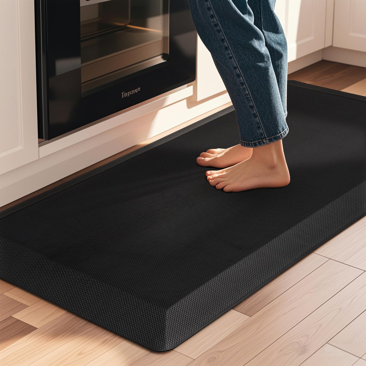 Tyrot anti-fatigue mat in kitchen sink area cushions feet during prep.