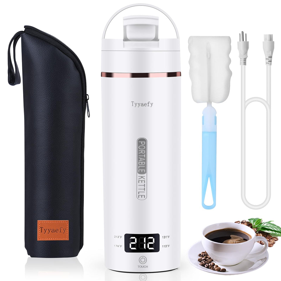 Tyyaefy portable electric kettle front view highlights compact travel-friendly design.