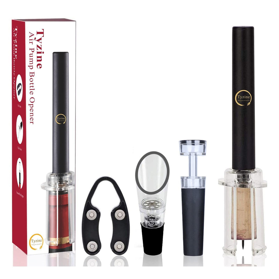 Tyzine air pressure pump wine opener demonstrates effortless cork removal and fast pouring.