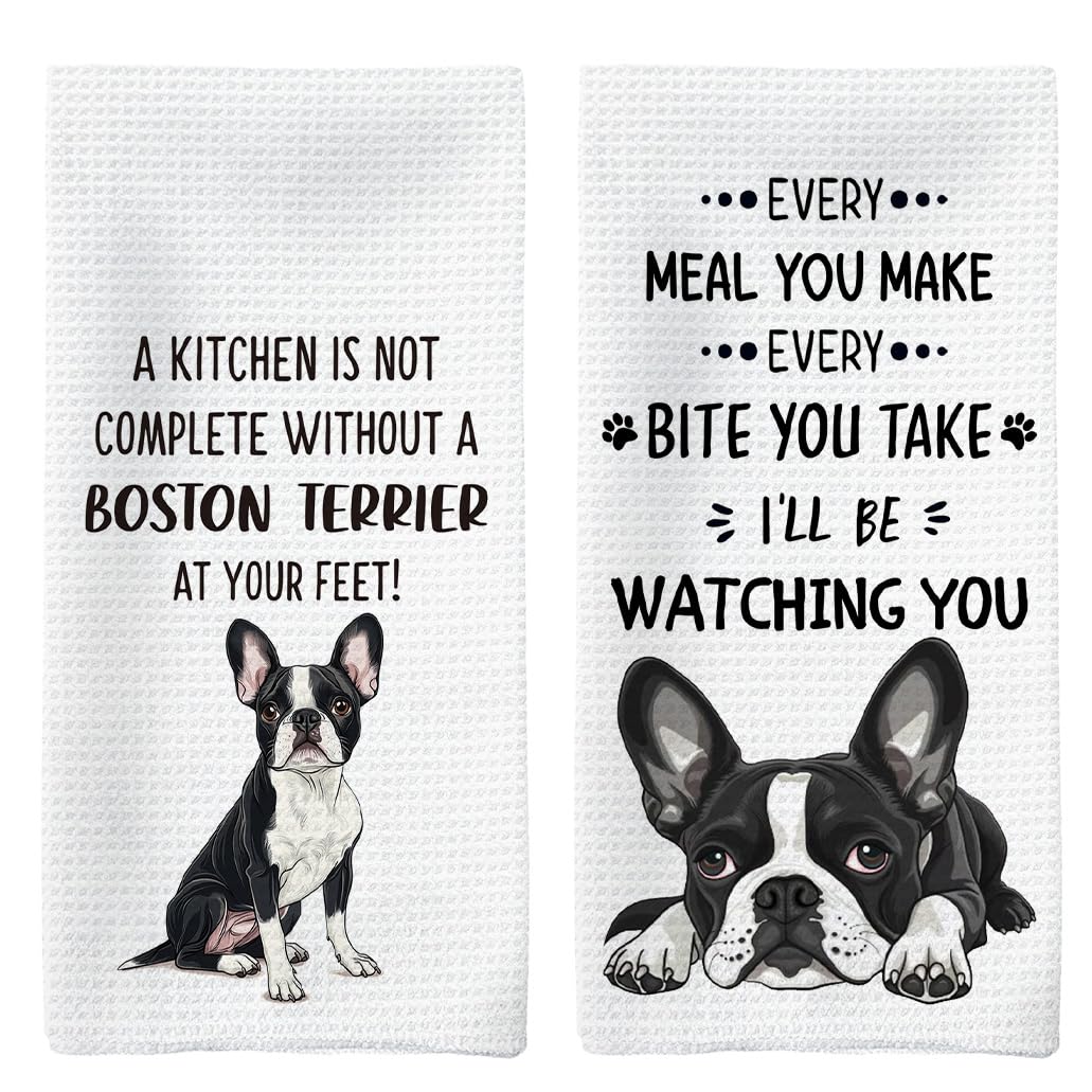 Tzhim Boston Terrier kitchen towels front view, adds festive charm and everyday utility