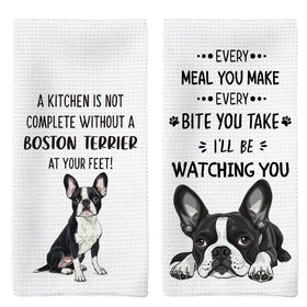 Tzhim Boston Terrier kitchen towels front view, adds festive charm and everyday utility