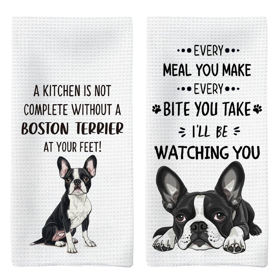 Tzhim Boston Terrier kitchen towels front view, adds festive charm and everyday utility