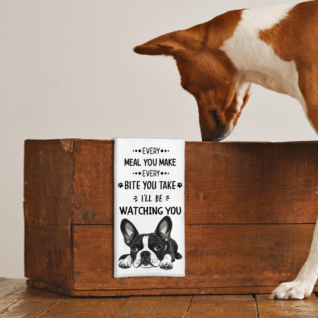 Tzhim Boston Terrier towels in kitchen decor, coordinating with seasonal patterns