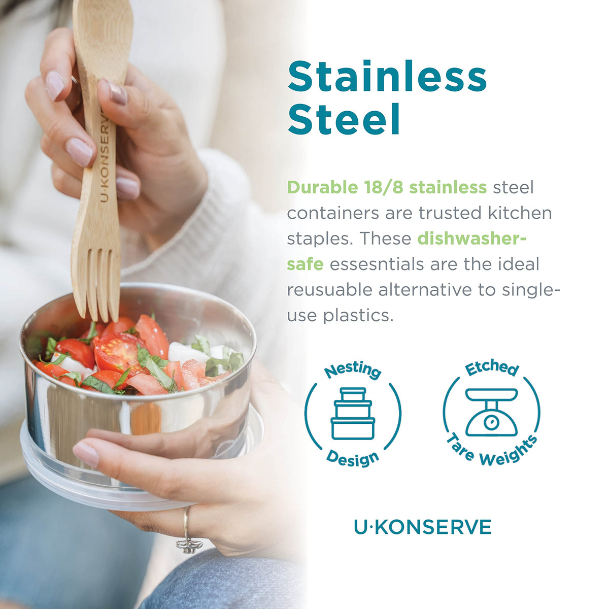 Leak proof seal demonstrated on a U Konserve stainless steel lunch container.