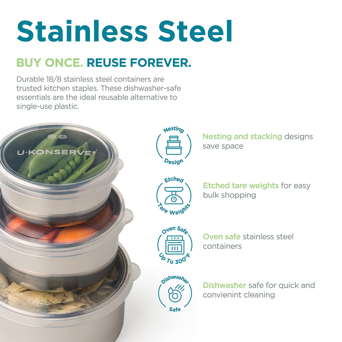 U Konserve stainless steel round container ready for dishwasher-safe cleaning.