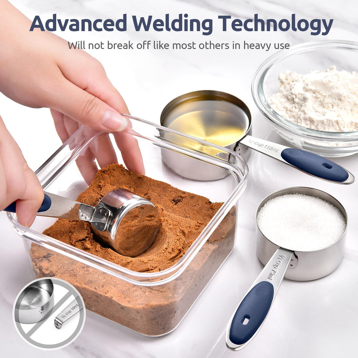 Dishwasher-safe U-Taste set with rings for tidy storage in midnight blue.