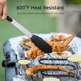 U-Taste 12-inch tongs grilling on the barbecue with steady control.