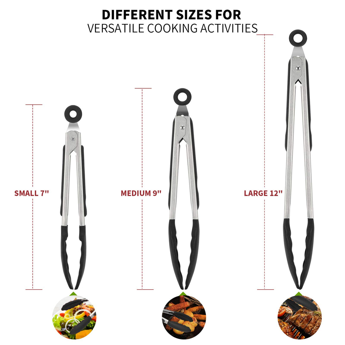 U-Taste 9-inch kitchen tongs in action for flipping and tossing foods.