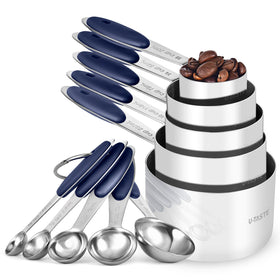 U-Taste measuring cups and spoons set in midnight blue, ready for precise cooking.
