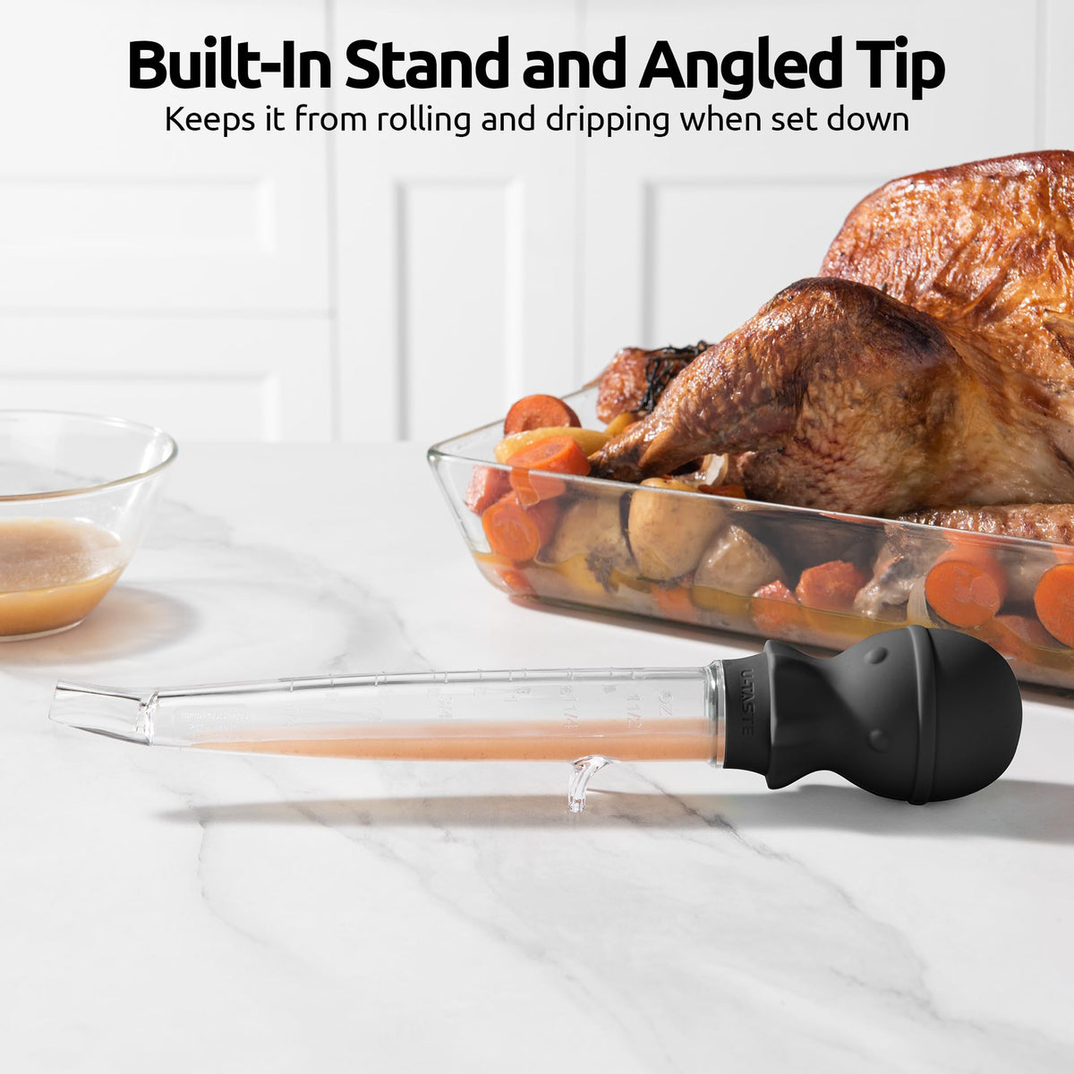 U-Taste slanted tip reaches under poultry for thorough coverage.