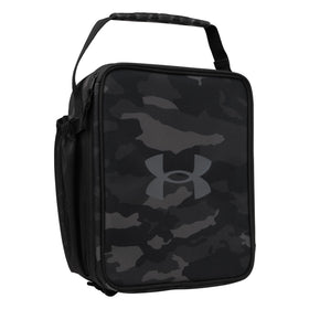 UA Scrimmage 3 lunchbox in black woodland camo keeps meals cool for game days.