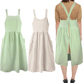 Uaussi cotton linen cross-back apron beige front view with two pockets for tools