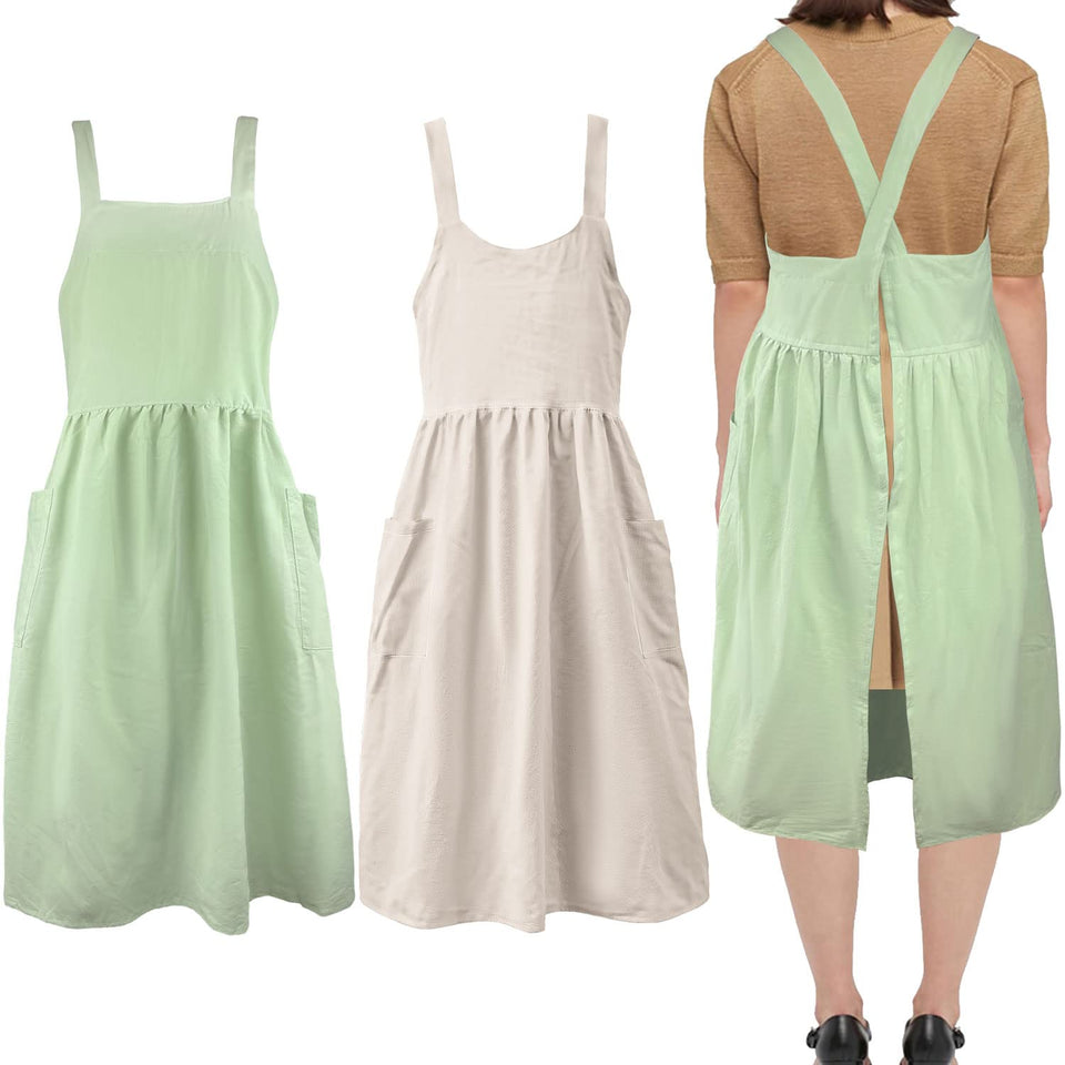 Uaussi cotton linen cross-back apron beige front view with two pockets for tools