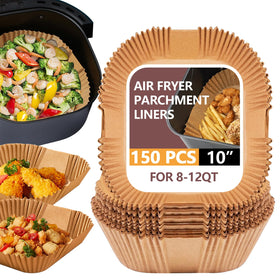 UBeesize XL 10-inch liners in an air fryer basket for easy cleanup.