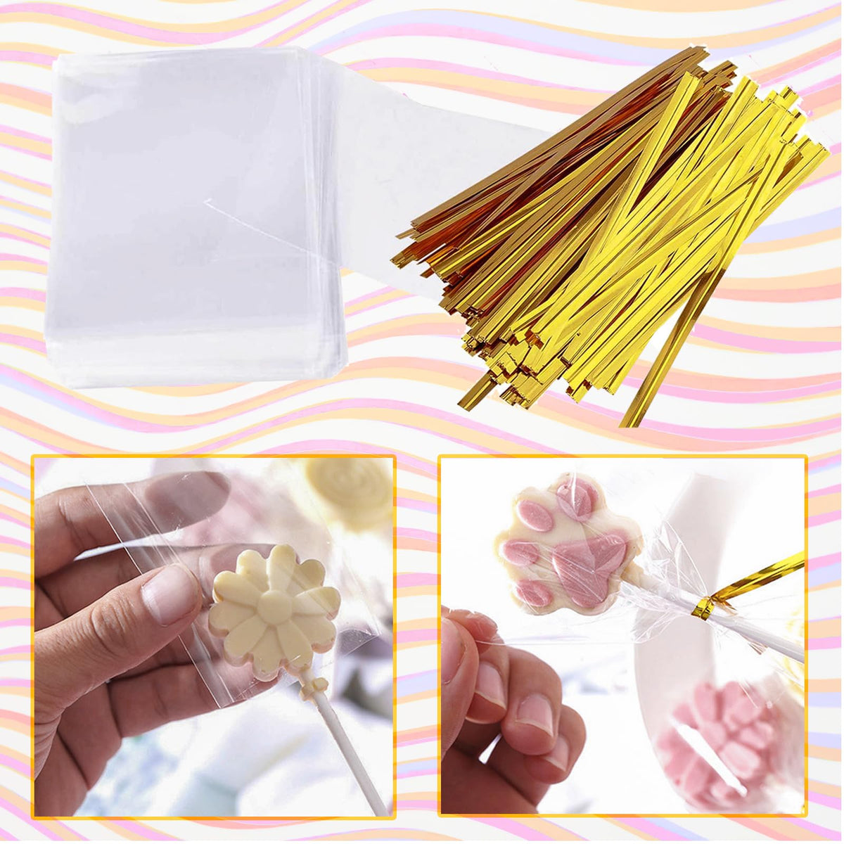 Ucnemous gold twist ties, secure wrappers with a festive touch.