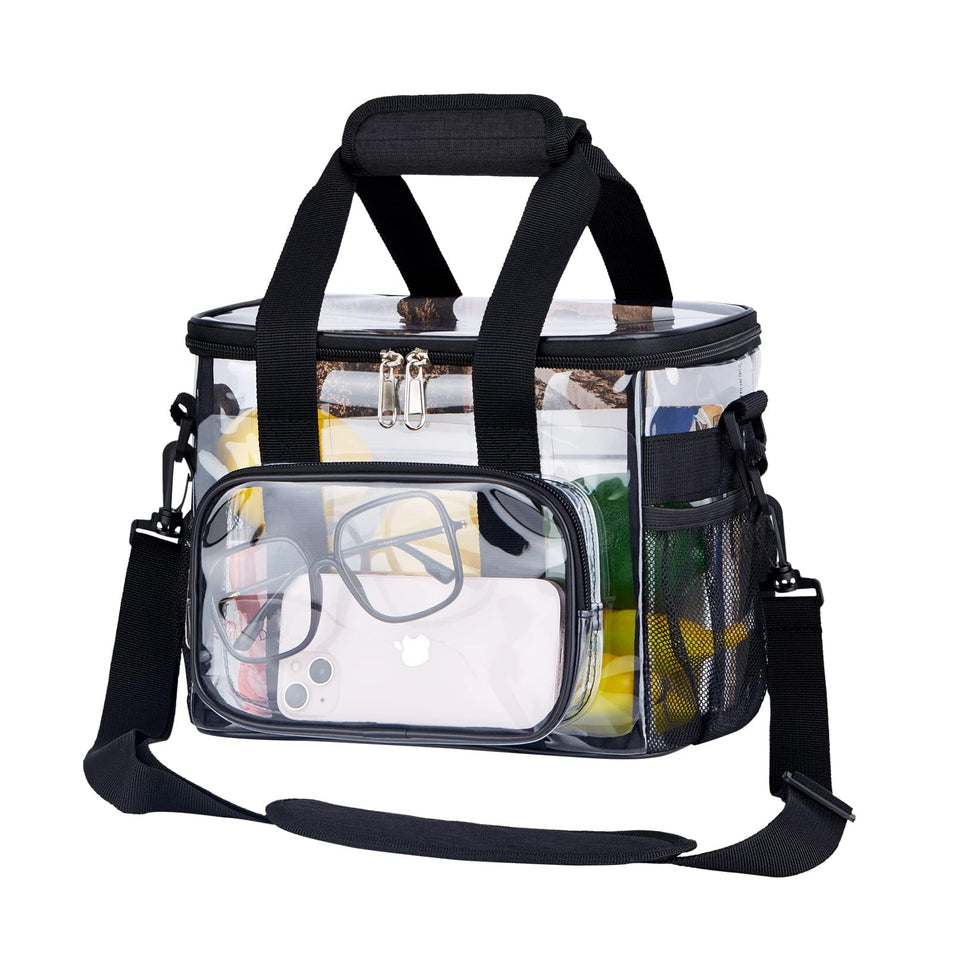 UEASE Clear Lunch Bag front view highlighting a roomy main compartment for lunch and drinks.