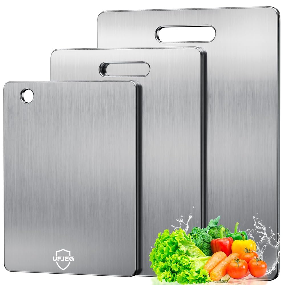 UFJEG titanium cutting board setup shows three sizes for versatile kitchen prep.