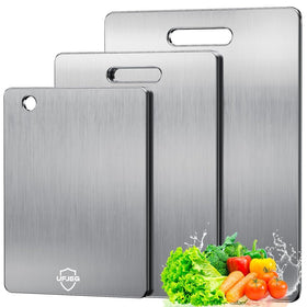UFJEG titanium cutting board setup shows three sizes for versatile kitchen prep.