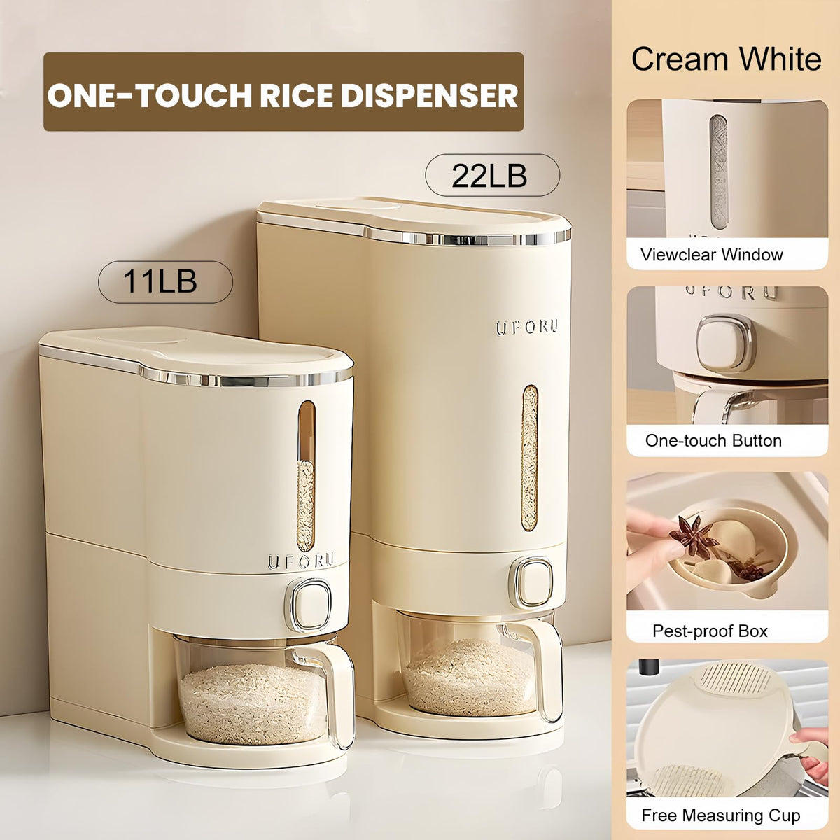 UFORU Rice Dispenser 11 lb capacity label shows generous storage