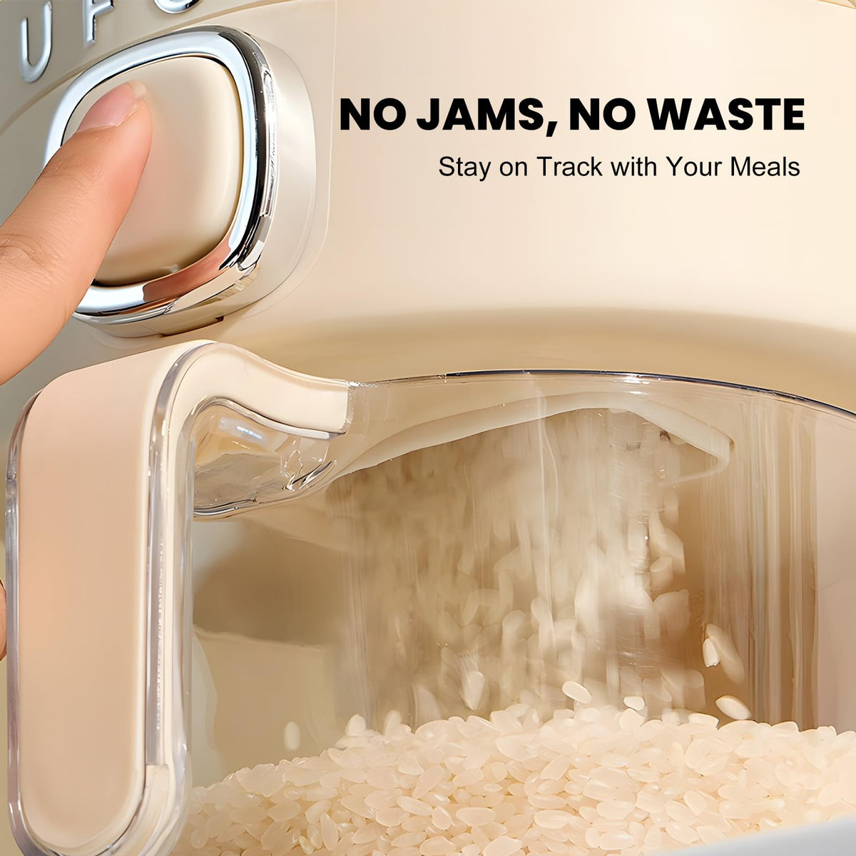 UFORU Rice Dispenser cream-white finish adds kitchen elegance