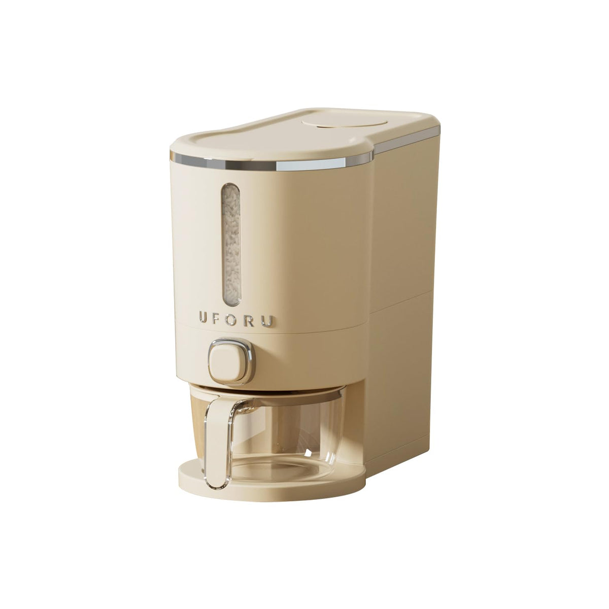 UFORU Rice Dispenser front view showing easy access and organized pantry storage