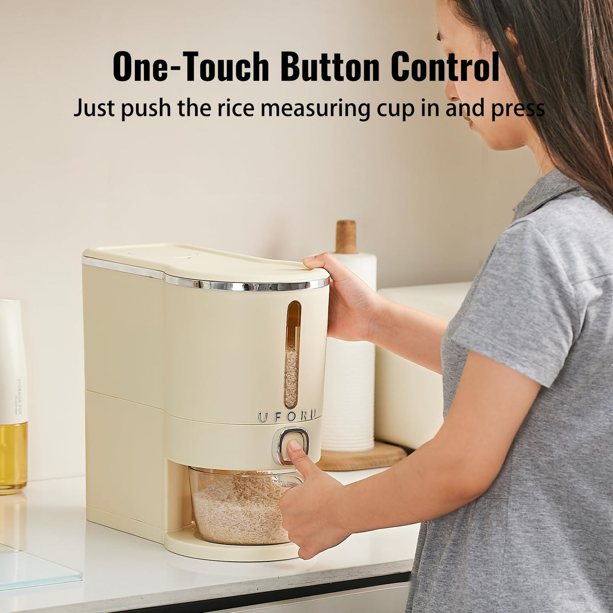 UFORU Rice Dispenser sealed lid closeup emphasizing airtight freshness