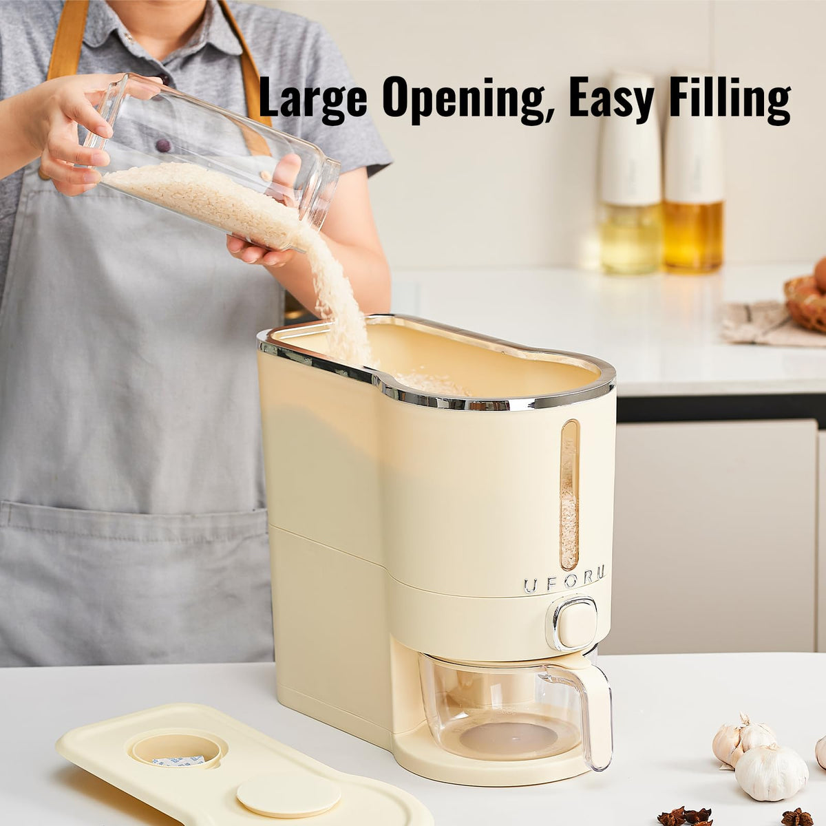 UFORU Rice Dispenser sloped dispense for smooth, clump-free portions