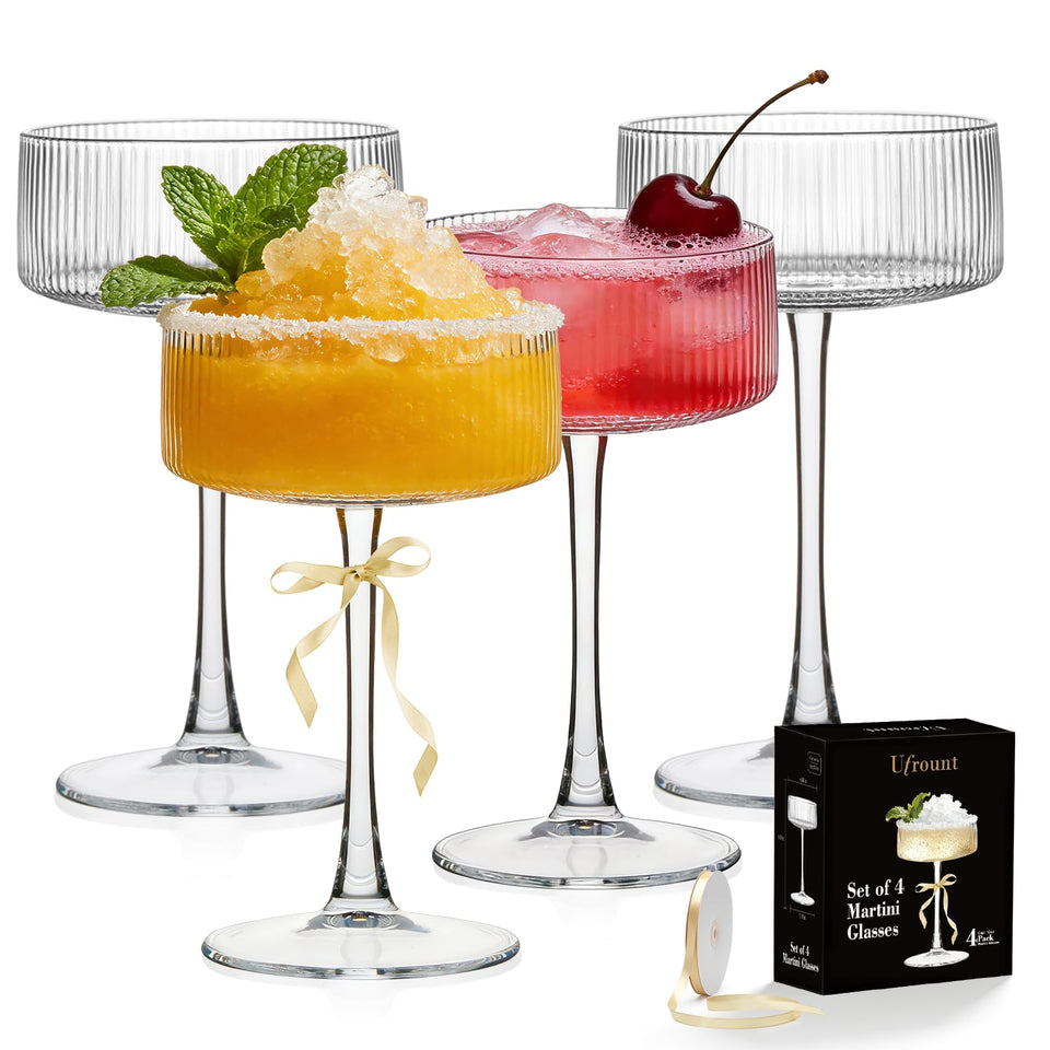 Ufrount ribbed coupe glasses offer clear presentation for cocktails and festive drinks