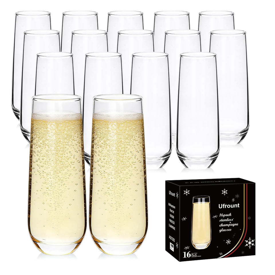 Ufrount stemless champagne flutes 16-set showcase bright bubbles for festive toasts.