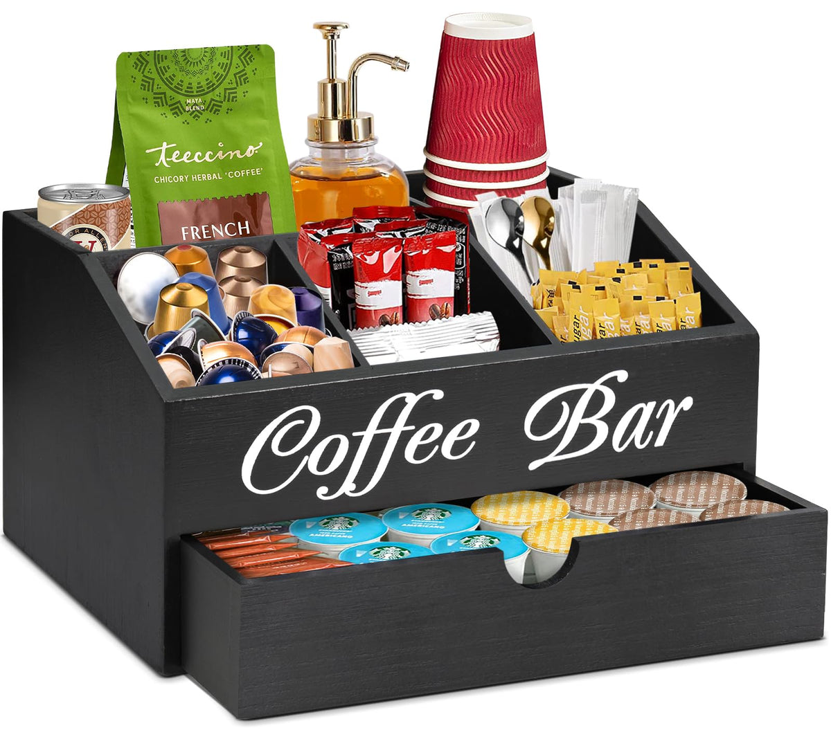 Ugiftt coffee bar organizer front view showing the drawer and accessible compartments for pods and tea