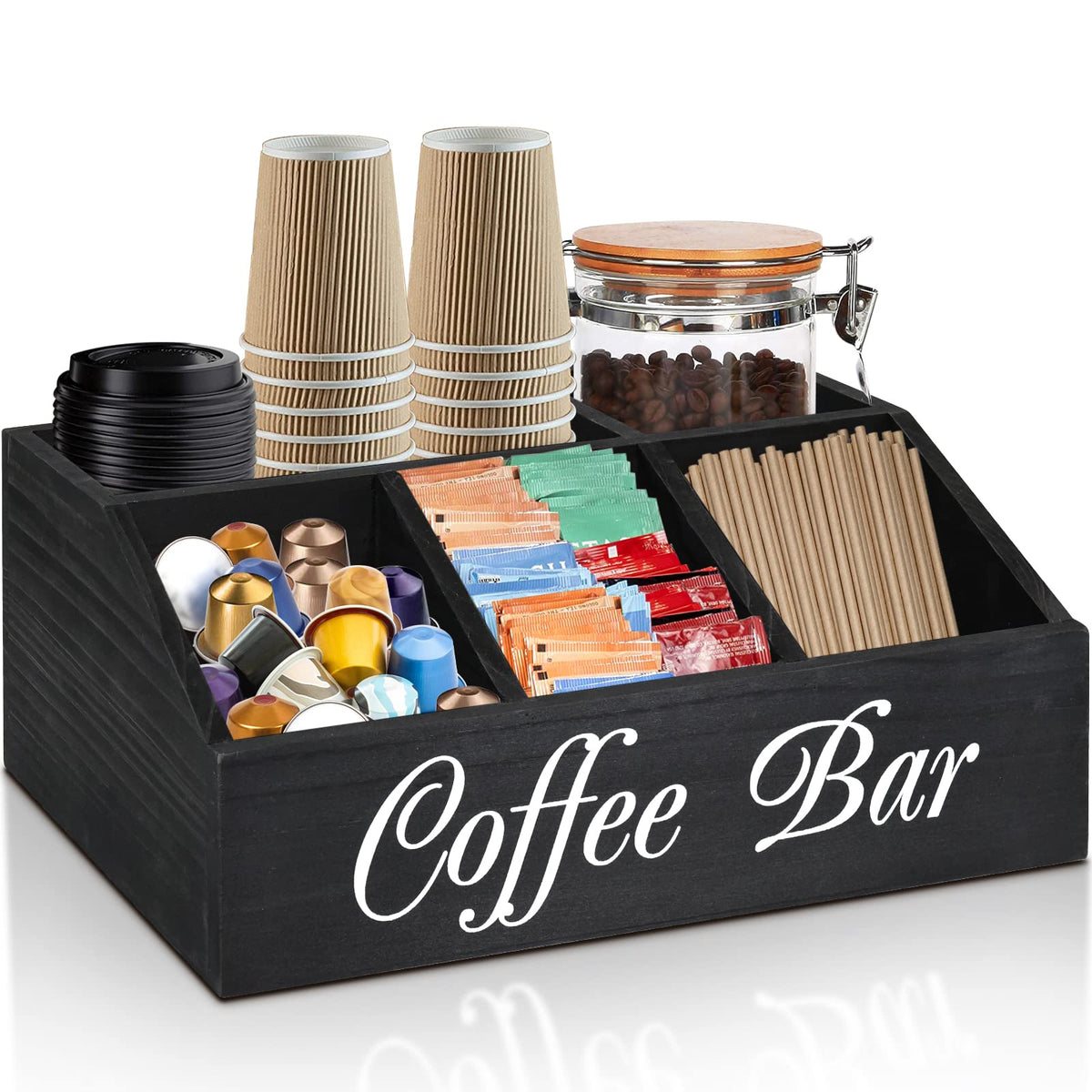 ugiftt coffee station organizer with front compartments for pods and sugar, keeping essentials accessible