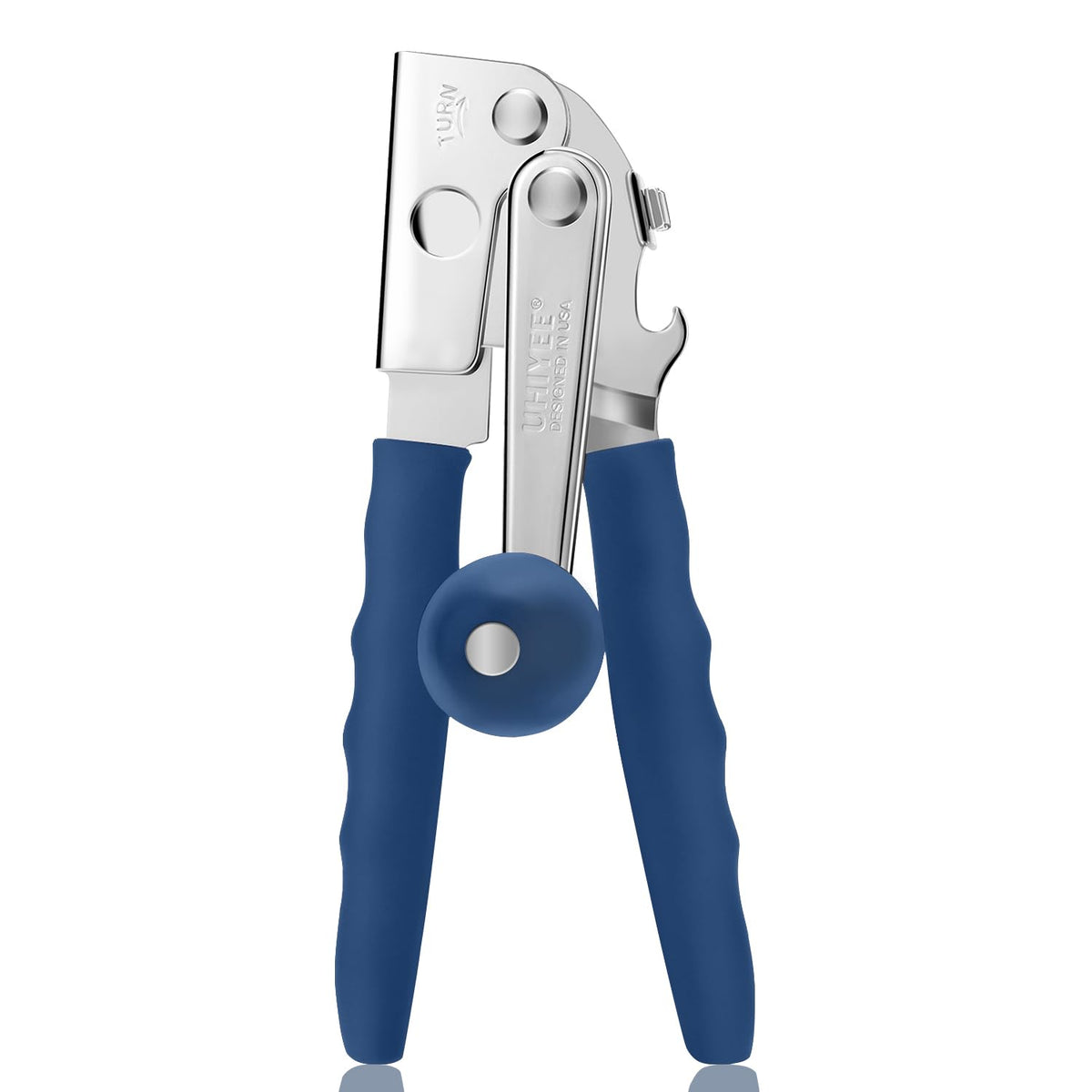UHIYEE commercial can opener blue handle close-up for easier grip and control