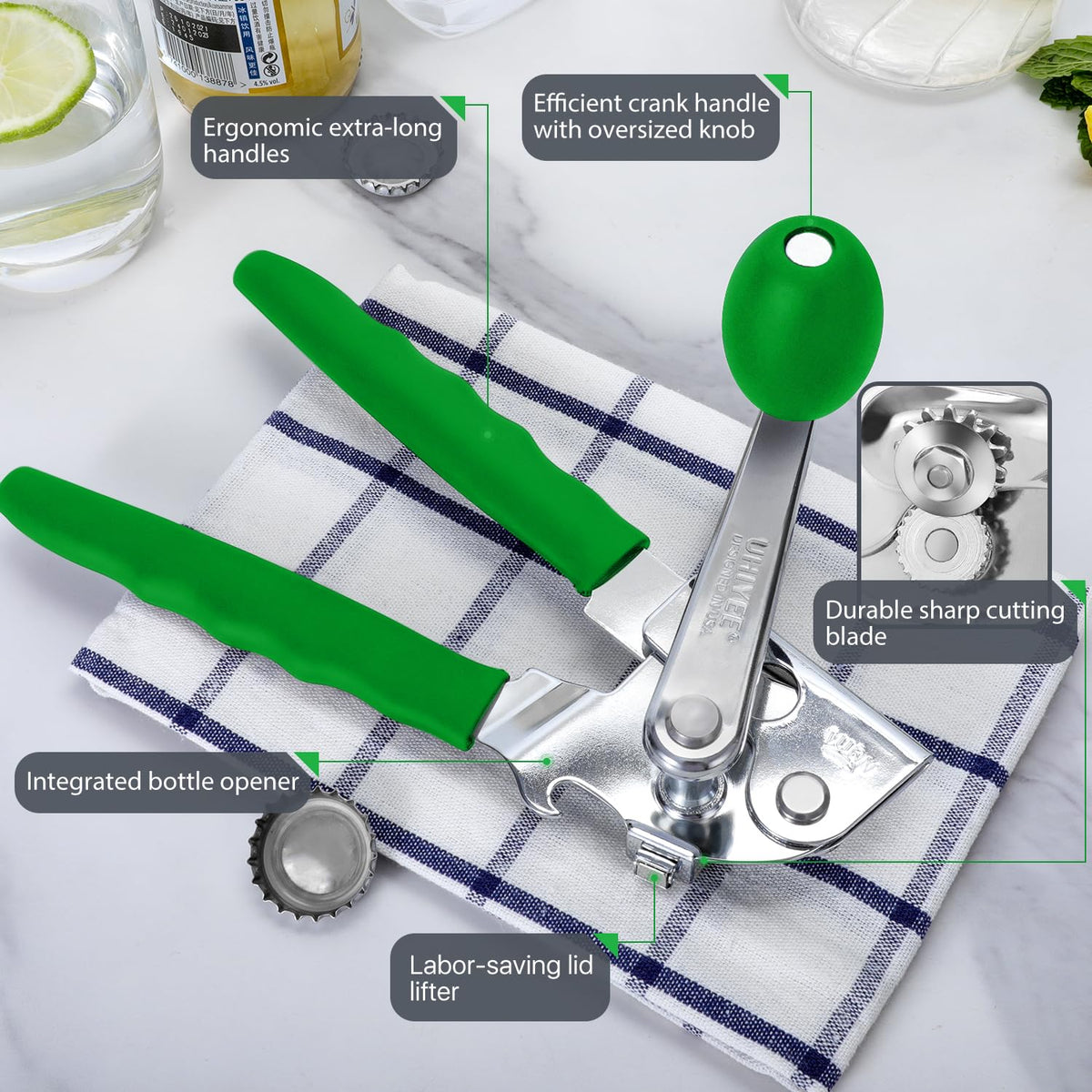 UHIYEE can opener with extra-long handles reduces hand fatigue during heavy use