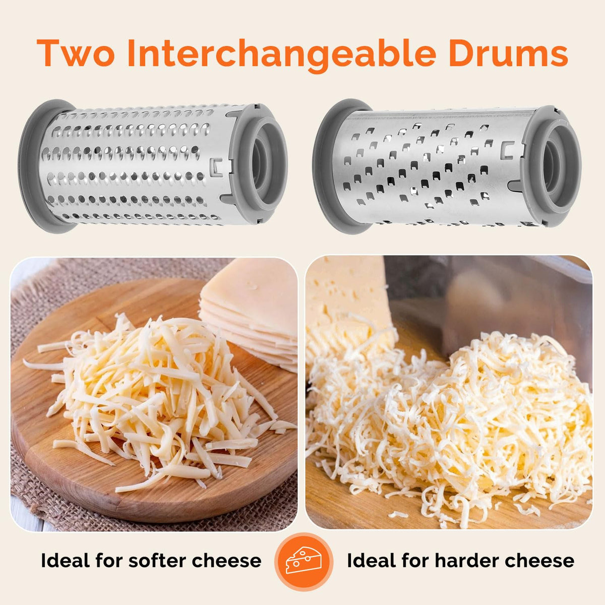 Interchangeable drums show fine and coarse grating on the UHIYEE grater.