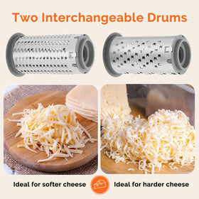 Interchangeable drums show fine and coarse grating on the UHIYEE grater.