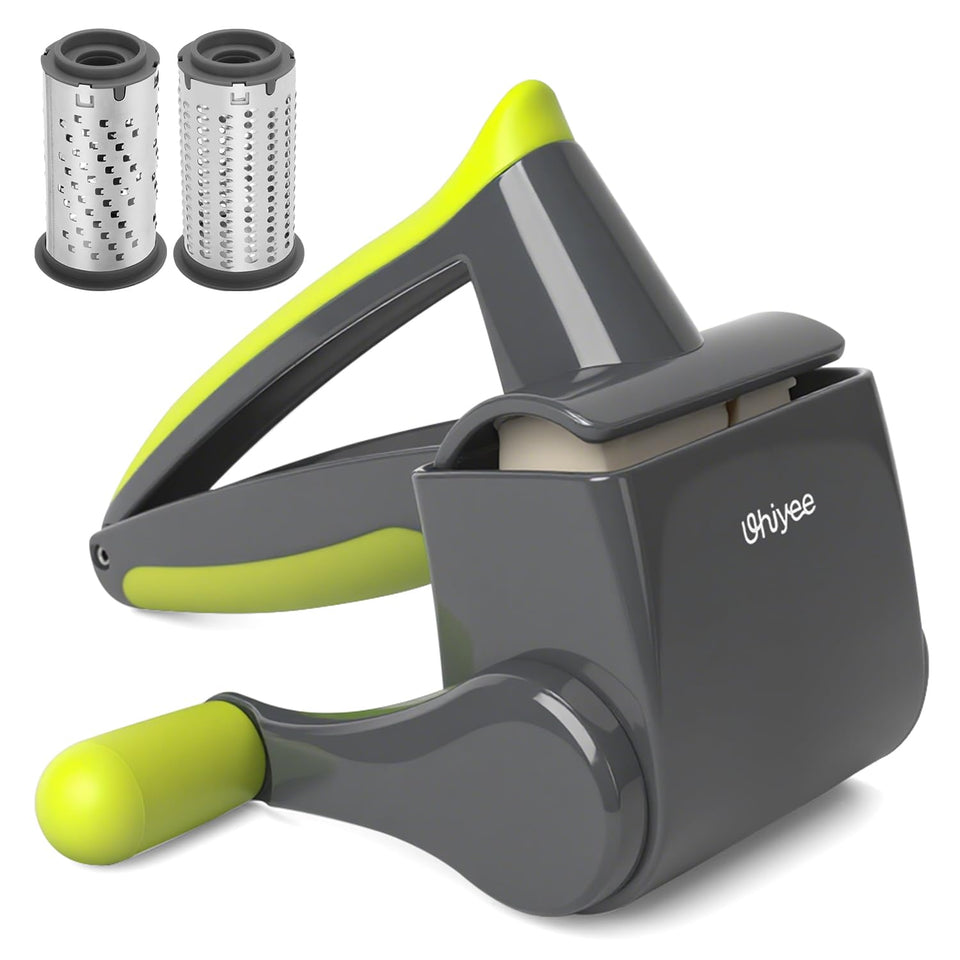 UHIYEE rotary parmesan grater front view highlighting easy hand crank shredding