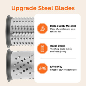 UHIYEE parmesan grater showing interchangeable drums for fine and coarse shredding