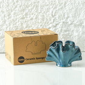 Uiddo ceramic sponge holder blue front view highlighting elegant glaze and accessibility