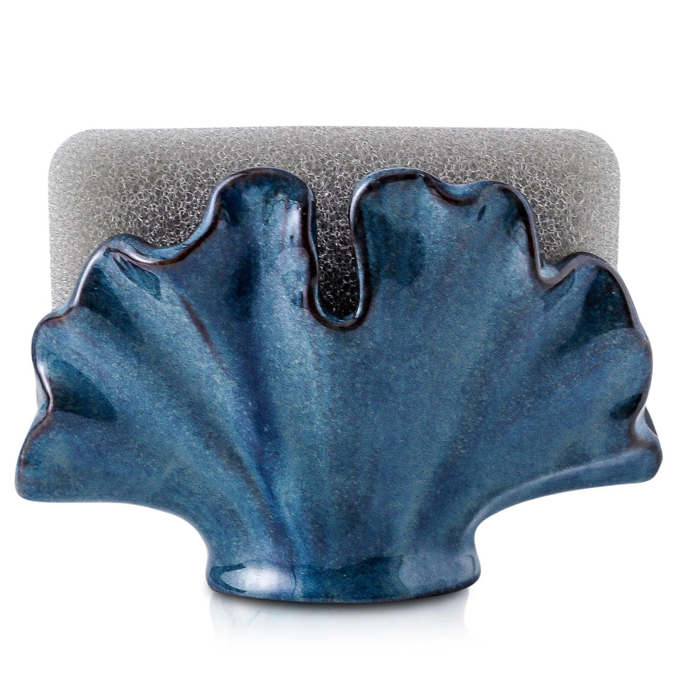 Uiddo ceramic sponge holder blue side view showing compact design and sponge drying use