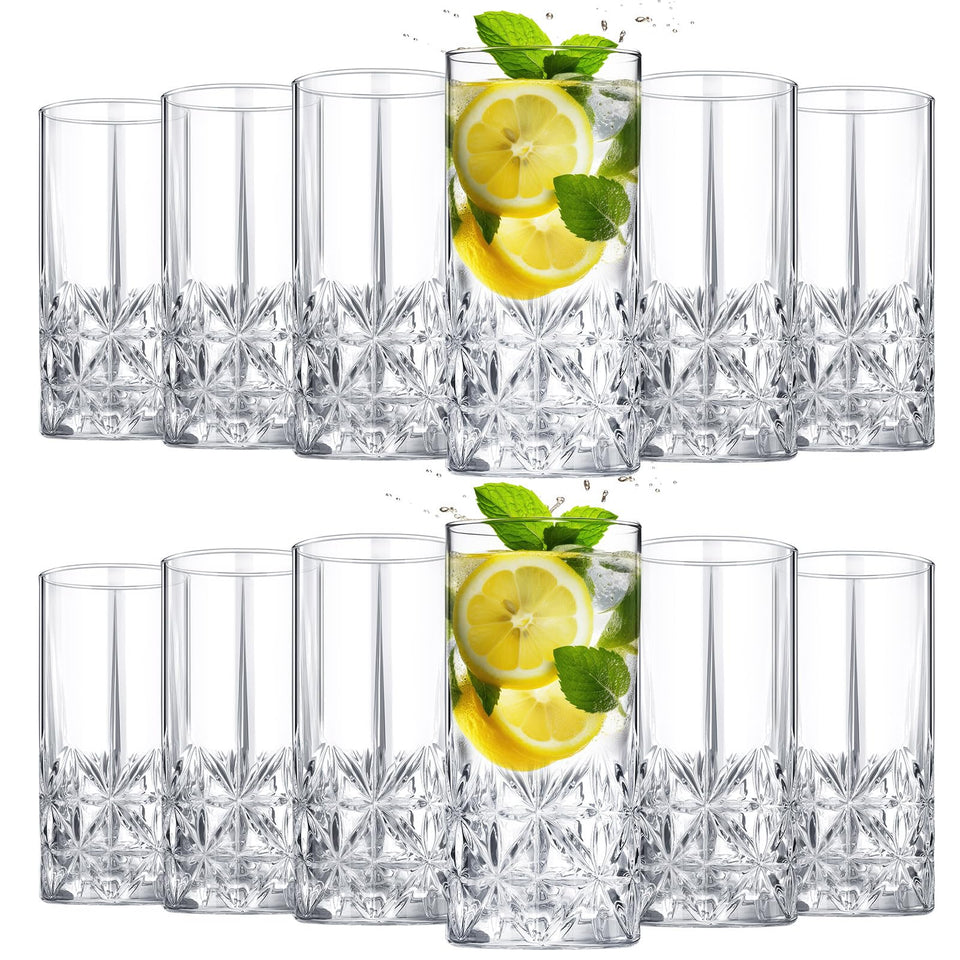 Uiifan tall highball glass 12oz showcases crystal clarity for cocktails and refreshing beverages.
