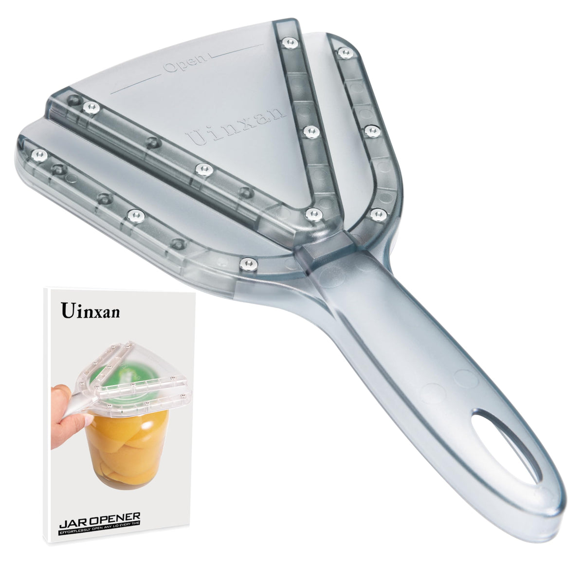 Uinxan jar opener grips with teeth for easy lid removal.