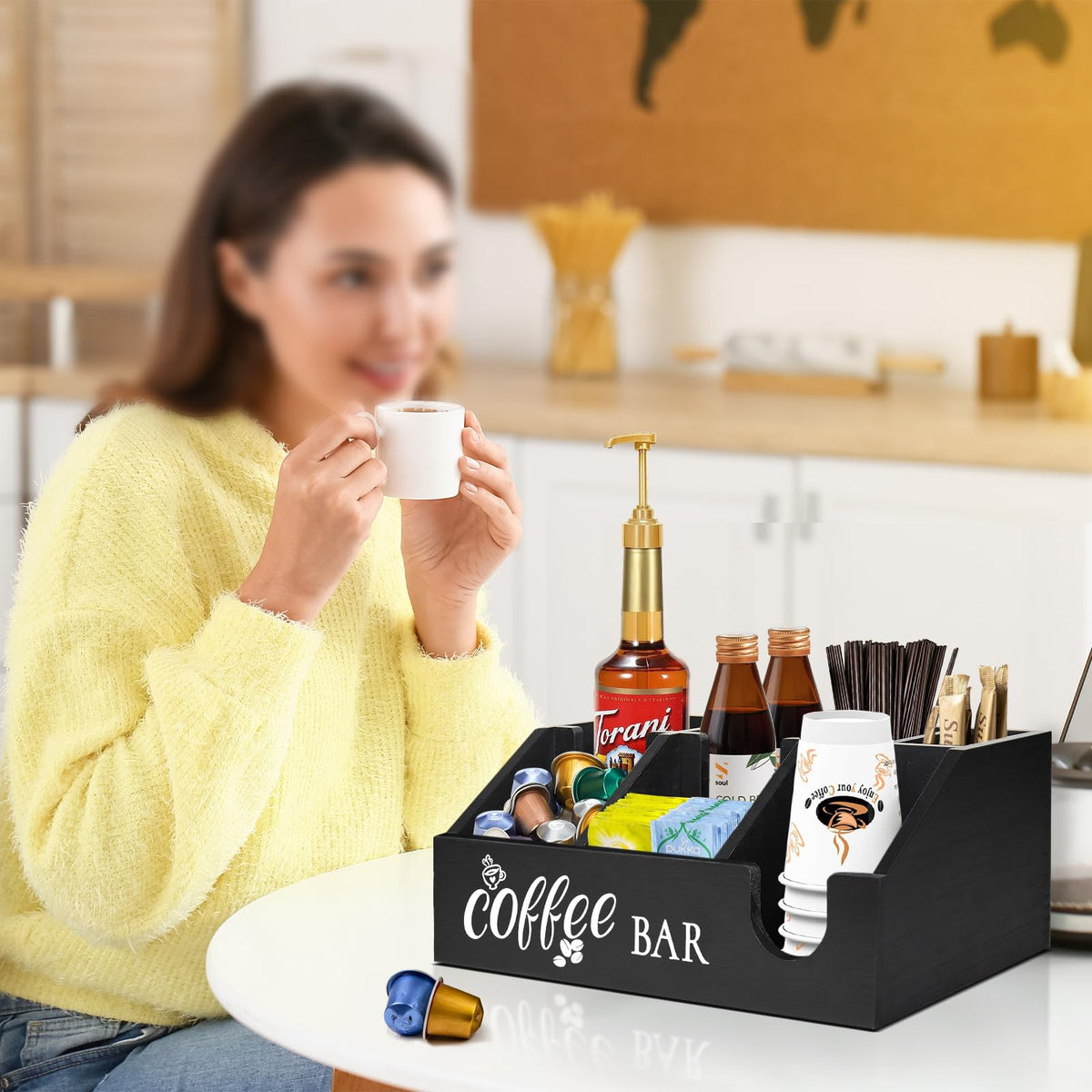 Uipame Rustic Coffee Bar Organizer with black surface and Coffee BAR print for décor appeal.