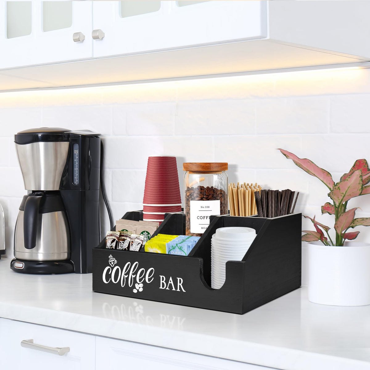 Uipame Rustic Coffee Bar Organizer features ergonomic U-shaped front for easy cup access.