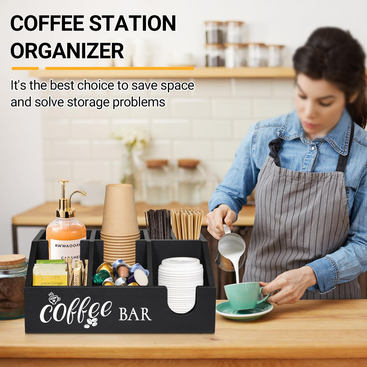 Uipame Coffee Bar Organizer with removable partition ideal for straws and spoons.
