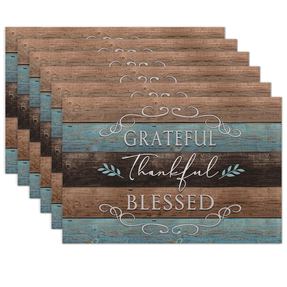UIUPRO Thankful Grateful Blessed placemats set on table for rustic decor and protection.