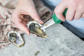 UJ Ramelson Co oyster shucker tool in action for fresh seafood dinners.