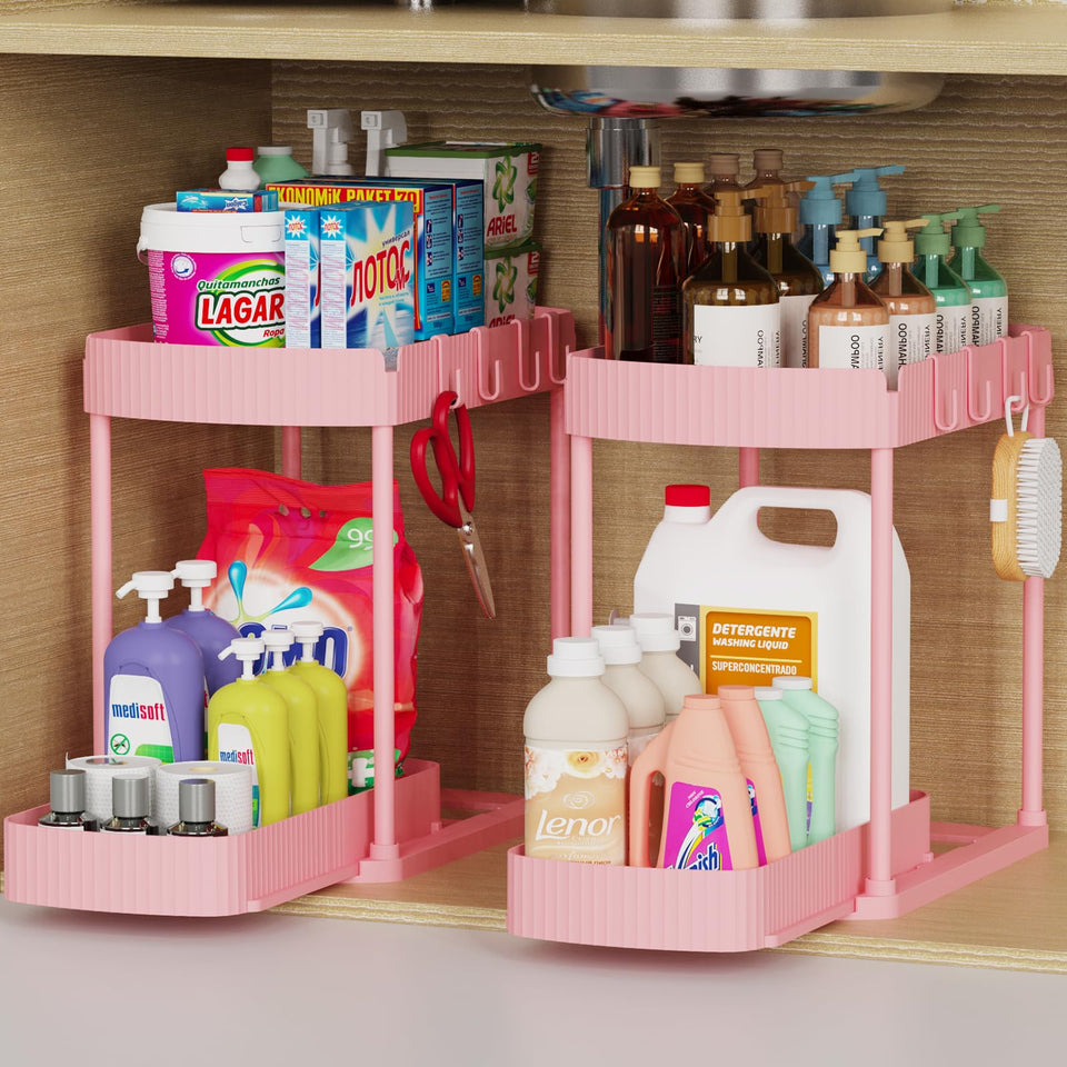 Ukeetap pink 2-pack pull-out storage organizers for clutter-free shelves.