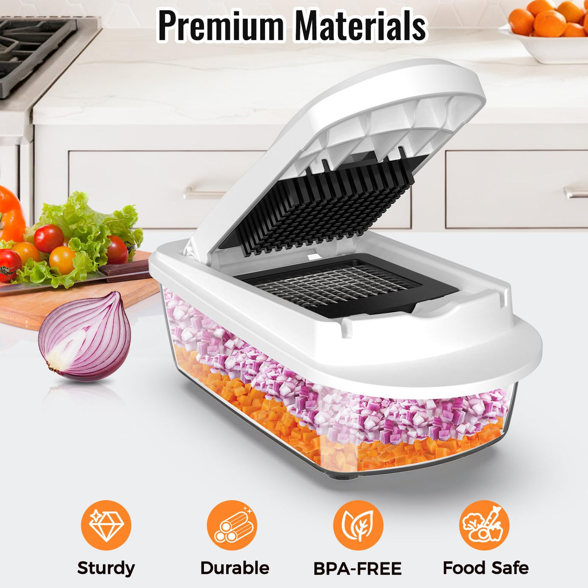Ukeetap 17L container keeps chopped produce neatly stored.
