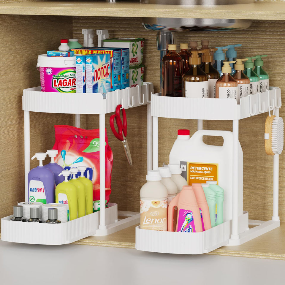 Ukeetap 2-pack pull-out under-sink organizer for easy access.
