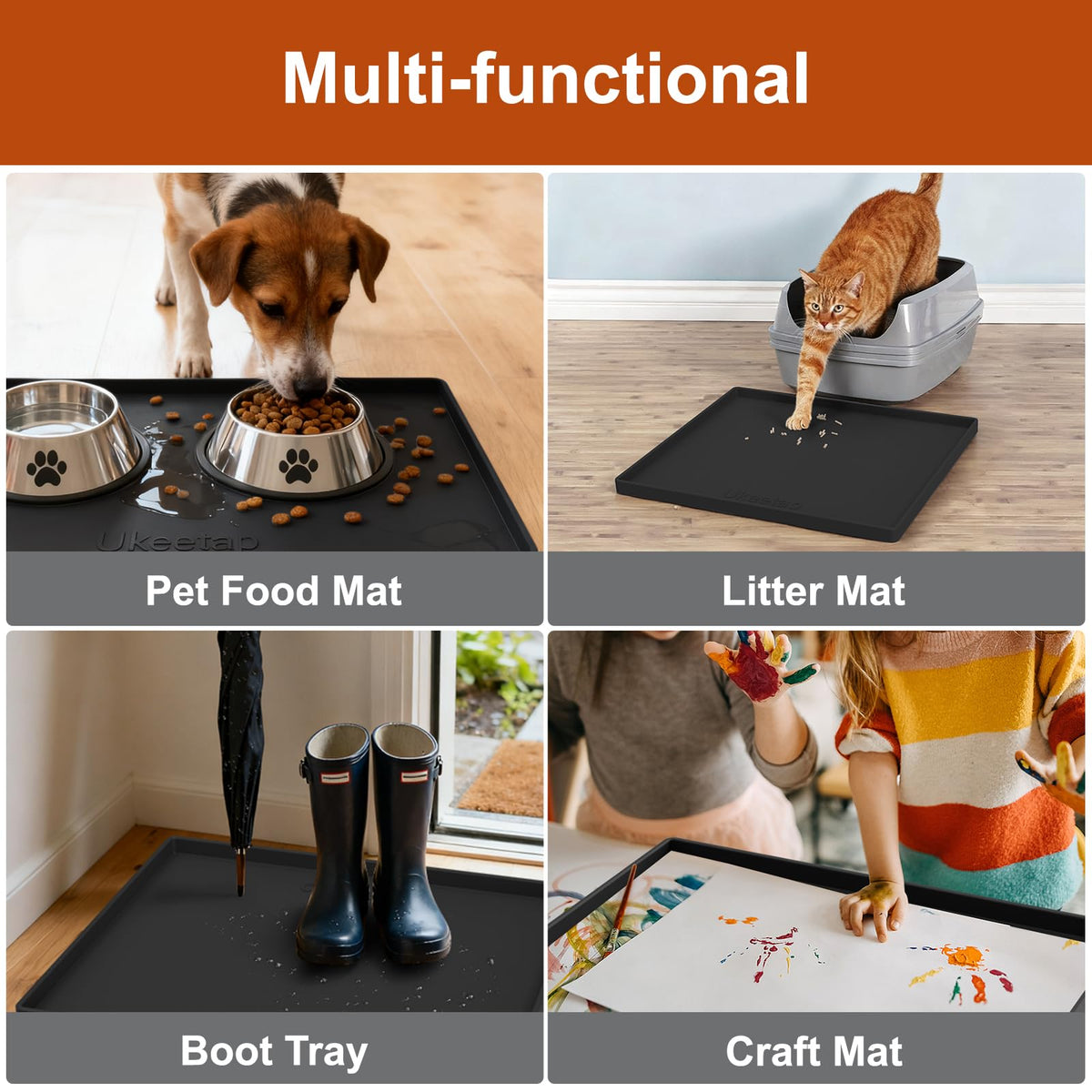 Ukeetap black silicone mat blends with kitchen decor while protecting surfaces.